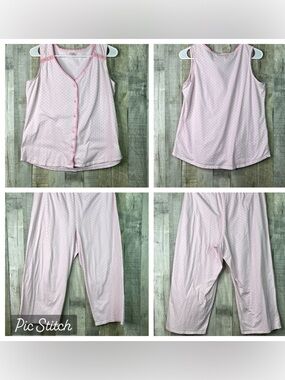 Pink K Pink Button Front Med. Sleeveless PJ Set Matching Pants Stretch Waistband